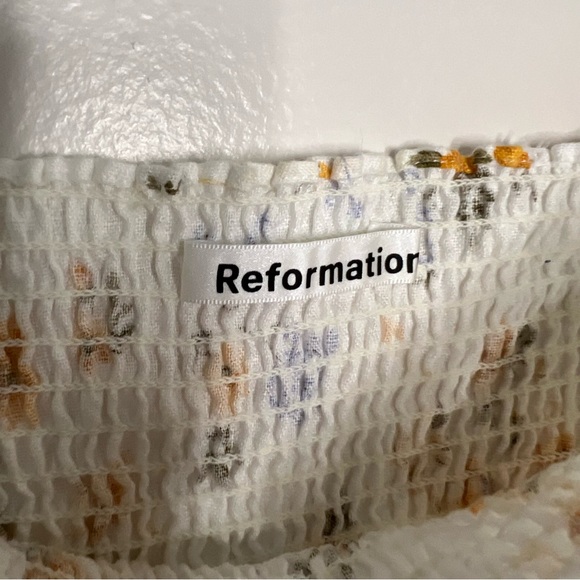 Reformation White Dress Size Large Floral Mini Dress Smocked Top 100% Linen - Picture 3 of 6